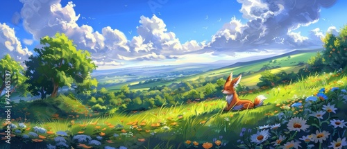 a painting of a red fox sitting in a field of wildflowers with a blue sky in the background.