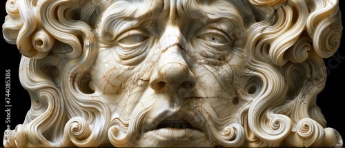 a close up of a statue of a man's face with hair blowing in the wind in front of a black background.