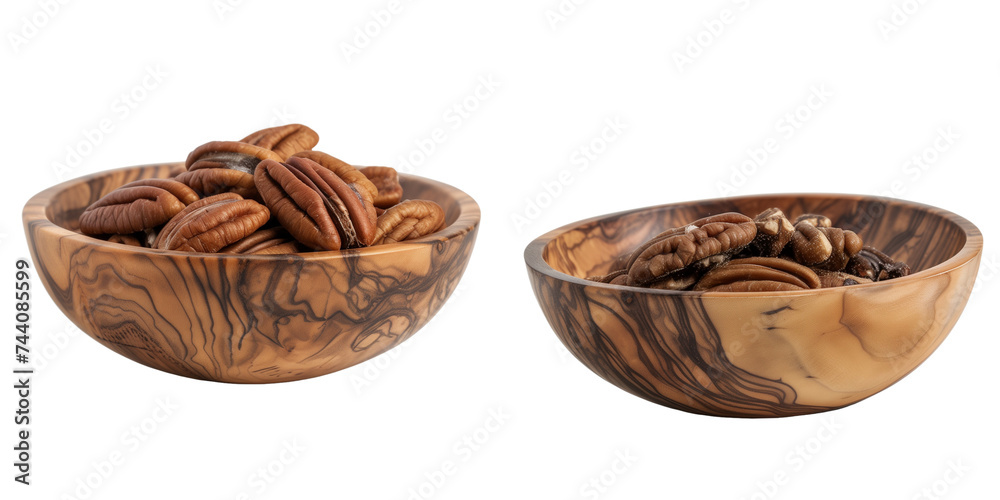 sets of pecans in a wooden bowl, isolated on transparent background sets of pecans in a wooden bowl, isolated on transparent background