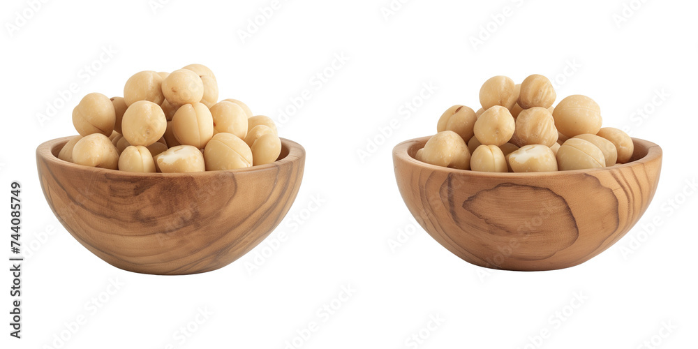 sets of macadamia in a wooden bowl, isolated on transparent background sets of macadamia in a wooden bowl, isolated on transparent background