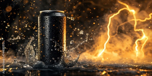 Black Energy Drink Can with Electric Yellow Golden Energy Lightning in the Background