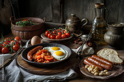 Rustic and Hearty: Traditional Irish Breakfast with Sausages, Tomatoes, Eggs, and Beans
