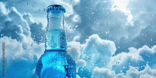A Glass Beer Bottle and a Clear Drink Bottle Filled with Light, Bright Blue Soft Drink Liquid photo
