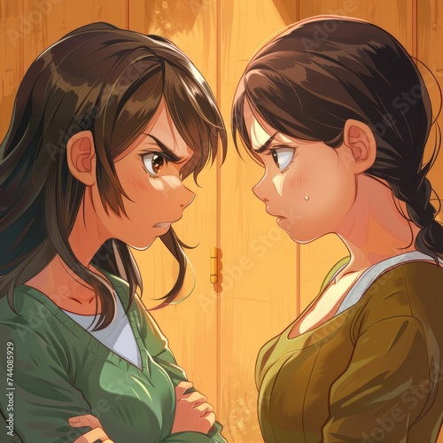Two animated characters are locked in a tense standoff, emotions vividly portrayed in their eyes. The warm interior background contrasts with the seriousness of their confrontation.