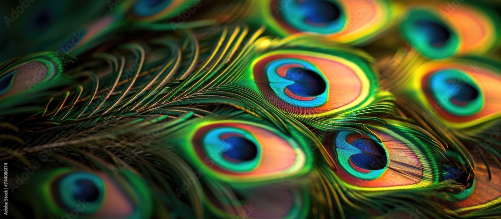 Obraz premium This close-up shows the vibrant and detail-rich display of colorful peacock feathers, adding a burst of exquisite detail to any setting.