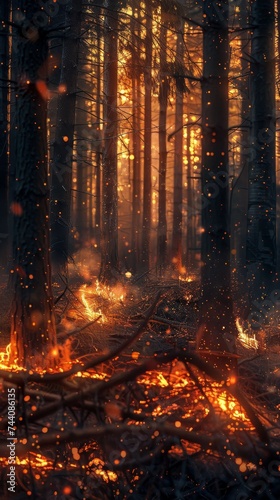 A close view of a forest inferno  the image captures the raw power of fire as it engulfs the trees  scattering embers into the dusk air.