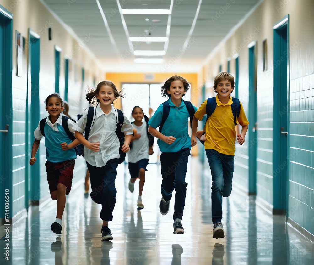Fototapeta premium pupils running through school corridor,School kids running in elementary school hallway, front view 
