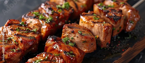 This close-up photo showcases delectable grilled pork skewers with perfectly sliced meat  expertly prepared on the BBQ.