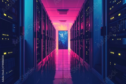 A long hallway in a data center filled with rows of servers, Minimalist art representation of NAS storage, AI Generated