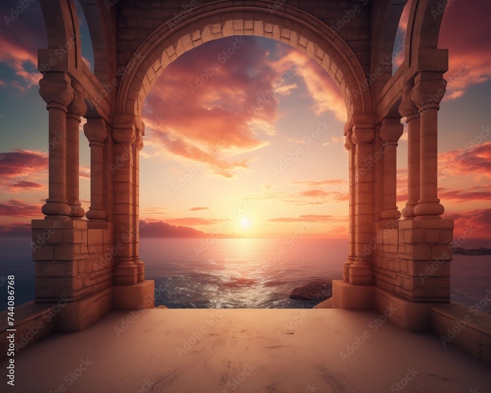 A view of a sunset through an arch 