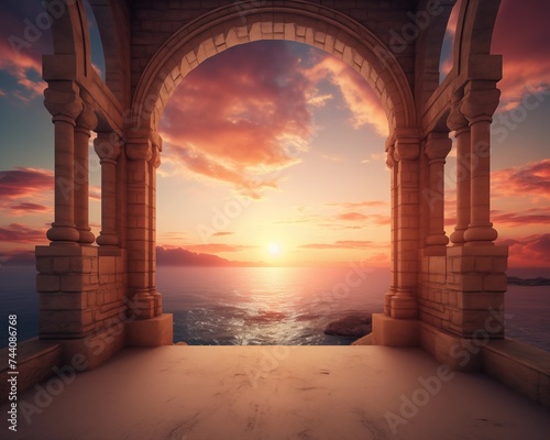A view of a sunset through an arch 