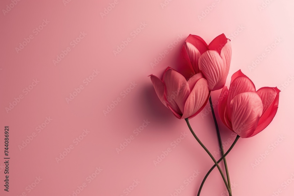 A photo featuring three pink flowers beautifully displayed on a pink background, Minimalistic Valentine’s Day design with subtle heart details, AI Generated A photo featuring three pink flowers beautifully displayed on a pink background, Minimalistic Valentine’s Day design with subtle heart details, AI Generated