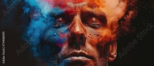 a close up of a man s face with multicolored smoke coming out of his face and his eyes.