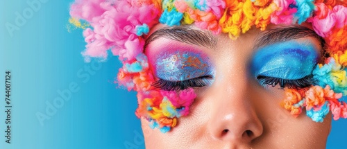 a close up of a woman's face with multicolored hair and make - up on her face.