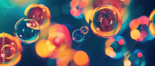 a group of soap bubbles floating on top of a blue and yellow background with multicolored lights in the background. photo