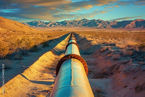 A photo of a pipe standing in the middle of a barren desert landscape, with majestic mountains towering in the background, Mirage effect on industrial pipelines in a hot, arid landscape, AI Generated