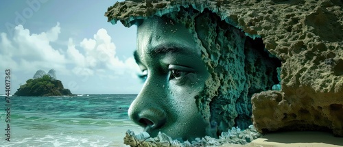 a painting of a man's face peeking out of a cave on the beach next to a body of water. photo