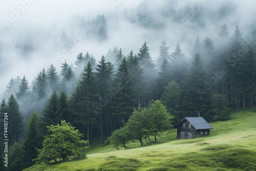 A cabin nestled in the midst of a dense foggy forest, with tall trees enveloping the scene, Misty hills with a small cabin amidst tall trees, AI Generated