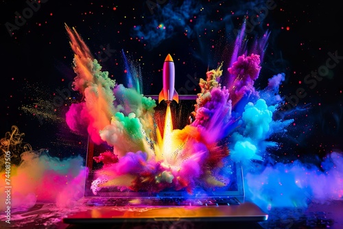 Erfolg im Business: Rakete fliegt mit einer Farbexplosion aus einem Laptop heraus photo