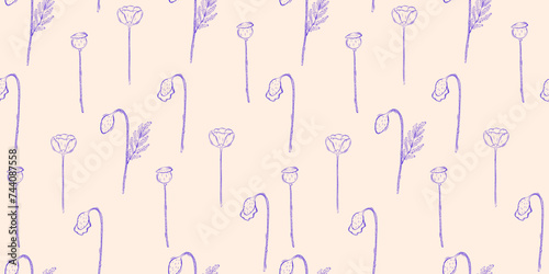 Seamless pattern with poppies. Spring or summer background. Packaging design, textiles in retro rustic style. Vector illustration