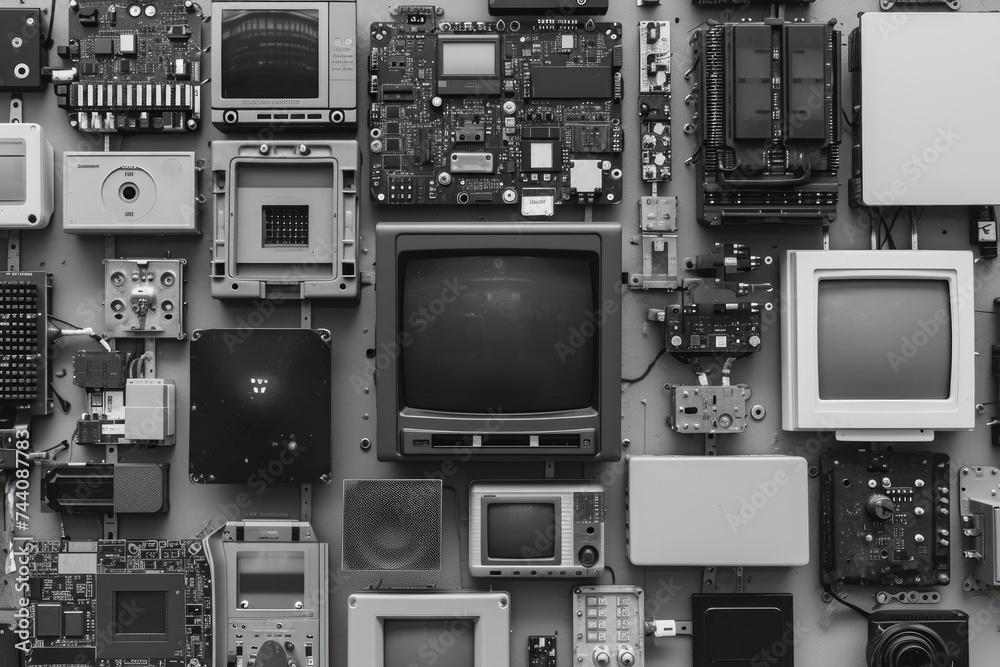 Fototapeta premium A photo showcasing a collection of different electronic devices all arranged in close proximity to one another, Monochromic, simplistic array of AI devices, AI Generated