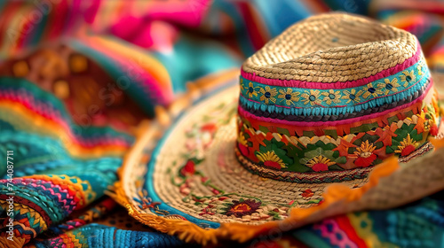 Mexican straw party sombrero hat on a colorful poncho. Cinco de Mayo holiday background. Generated AI
