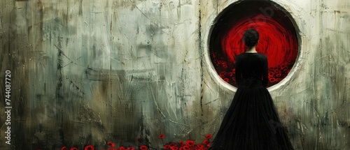 a painting of a woman in a black dress standing in front of a round window with red flowers in it.