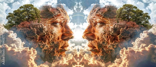 a double exposure image of a man's face in the clouds with a tree on top of his head. photo