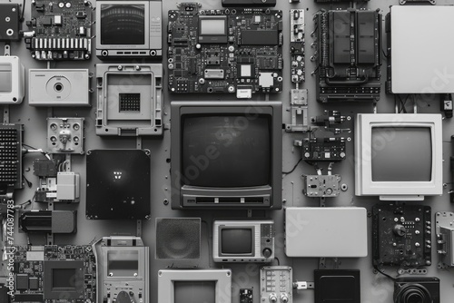 A photo showcasing a collection of different electronic devices all arranged in close proximity to one another, Monochromic, simplistic array of AI devices, AI Generated