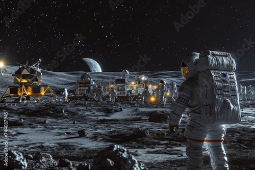 Fototapeta Naklejka Na Ścianę i Meble -  Detailed Artists Rendering of a Functional Space Station on the Moon Surface, Moon base with lunar rovers and astronauts conducting research, AI Generated