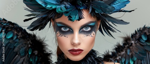 a close up of a woman with blue and black makeup and feathers on her head and wings on her face. photo