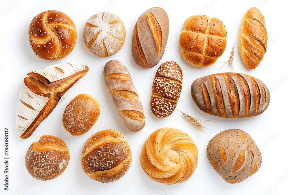 A display of various freshly baked artisan breads, each unique in shape and texture top view A display of various freshly baked artisan breads, each unique in shape and texture top view