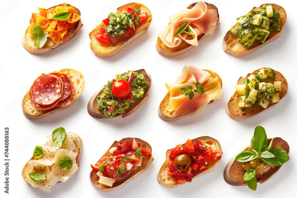 An array of gourmet bruschetta, each topped with fresh, high-quality ingredients like prosciutto, basil, and various cheeses, presented on a white background. An array of gourmet bruschetta, each topped with fresh, high-quality ingredients like prosciutto, basil, and various cheeses, presented on a white background.