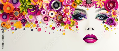 a close up of a woman's face with colorful paper flowers on the side of her face and eyes.