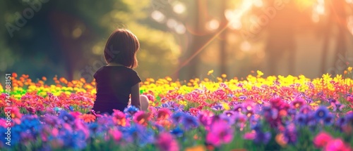 a little girl sitting in a field of flowers looking at the sun shining through the trees and flowers on the ground. photo