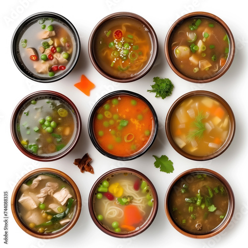 This image features an overhead view of eight diverse, freshly made Chinese soups. Each soup is garnished and served in its own bowl, isolated on a white background. © Sviatlana