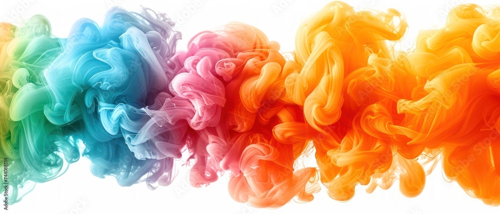 a group of multicolored smokes are in the shape of a rainbow on a white background with space for text.