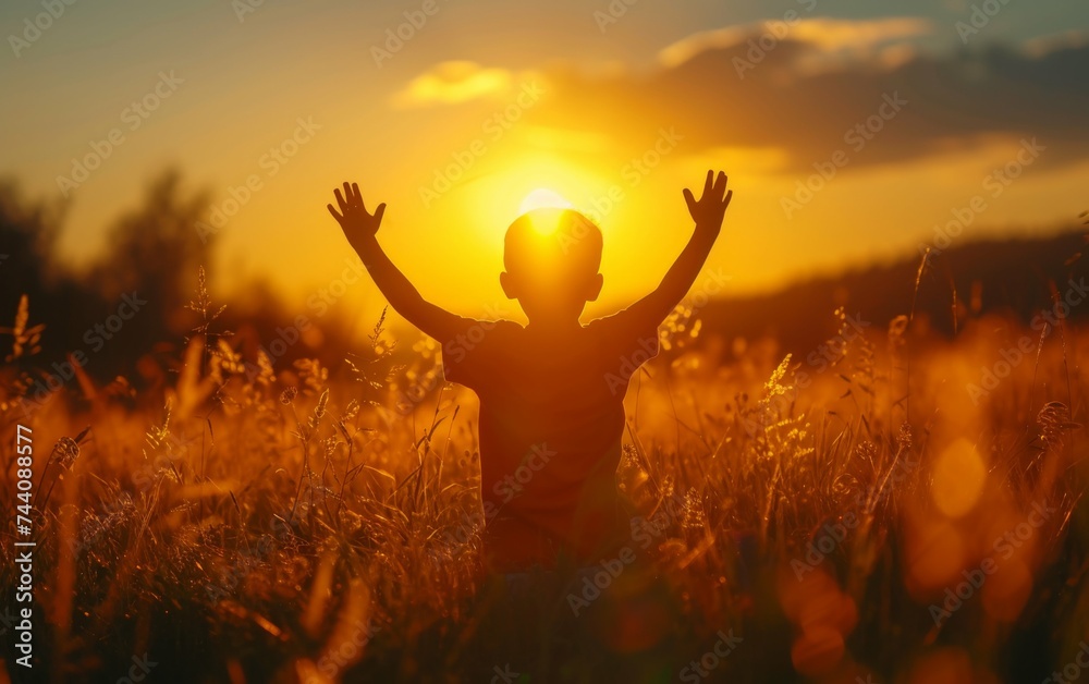 A person standing outdoors in a field with their hands raised up towards the sky