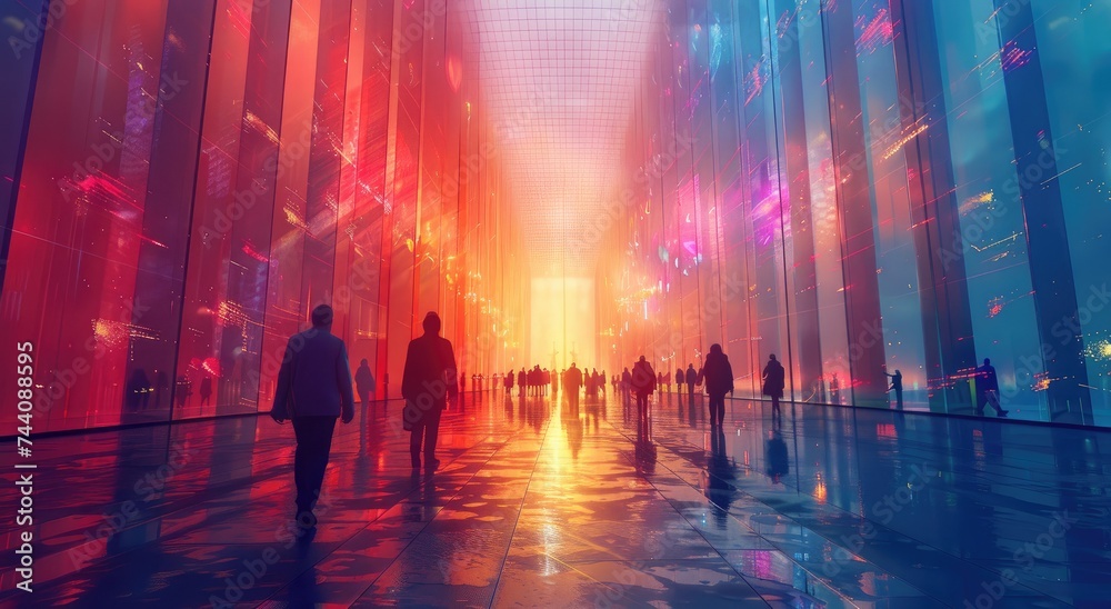 In the light of the night, a diverse group of people strolls through a vibrant street, admiring the colorful street art that adorns the walls - obrazy, fototapety, plakaty 