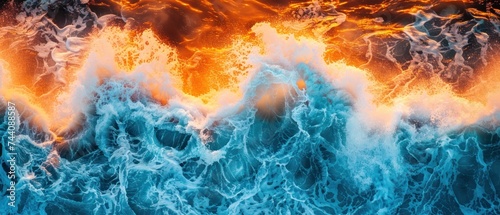 an aerial view of a large body of water with a lot of orange and blue waves coming out of it. photo