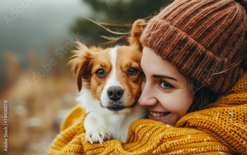 A woman is standing and holding a brown and white dog in her arms photo