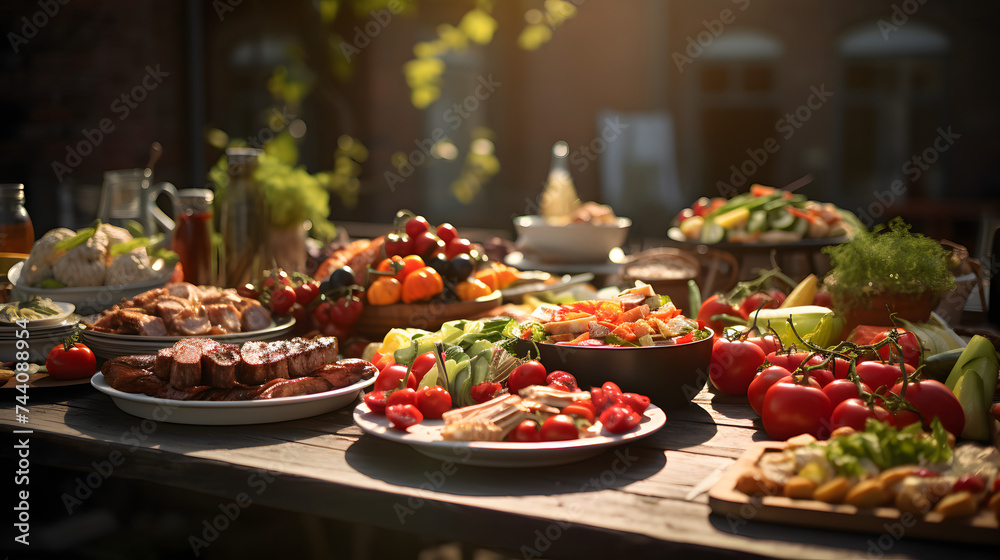 lots of foods are on a table outside while the setting is still sunny lots of foods are on a table outside while the setting is still sunny