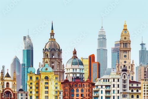 Busy cityscape featuring a group of modern high-rise buildings surrounded by bustling streets and cars, Multicultural cityscape featuring architectural styles from different eras, AI Generated