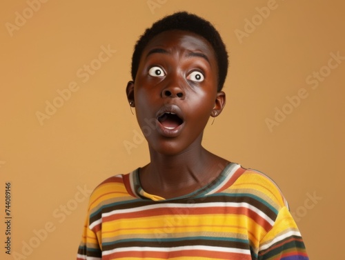 A young boy with a look of surprise on his face, eyes wide open and mouth slightly agape