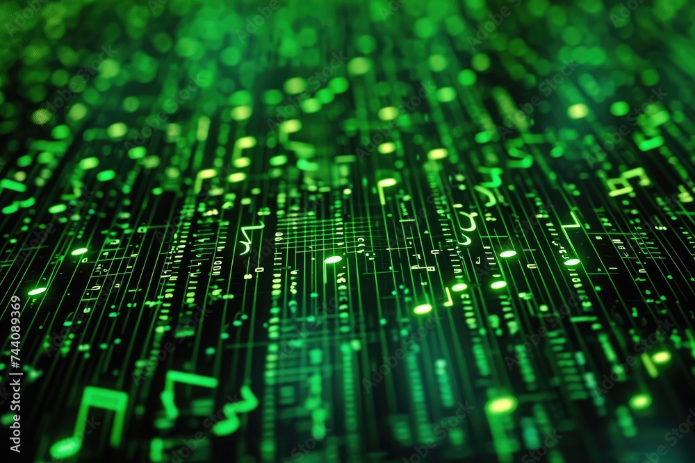 A photo featuring a green and black background adorned with musical notes, Music notes created from binary code, AI Generated A photo featuring a green and black background adorned with musical notes, Music notes created from binary code, AI Generated