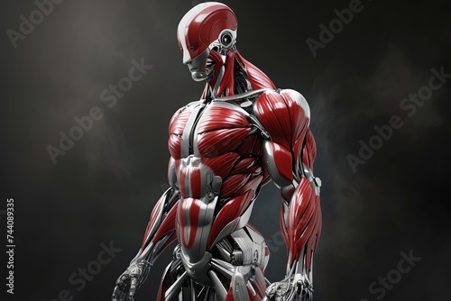 Detailed View of Human Body Muscles With Highlighted Areas, Muscular system represented in the style of a robot, AI Generated photo