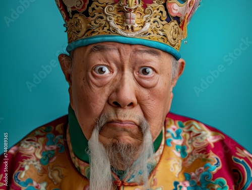 An elderly man with a crown on his head