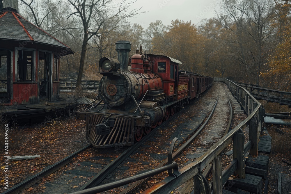 Fototapeta premium An abandoned train sits motionless on the tracks adjacent to a derelict building in a desolate area, Mysterious ghost train traversing through an abandoned amusement park, AI Generated