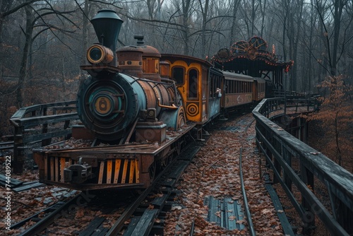 A train is seen traveling through a lush forest filled with numerous tall trees, Mysterious ghost train traversing through an abandoned amusement park, AI Generated