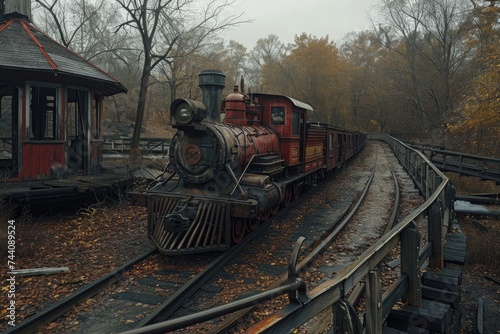 An abandoned train sits motionless on the tracks adjacent to a derelict building in a desolate area, Mysterious ghost train traversing through an abandoned amusement park, AI Generated